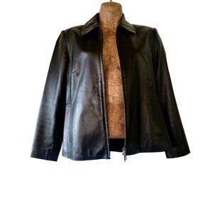 Black Genuine Leather Jacket With Full Zip Closure & Spread Collar Womens Size 4
